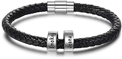 Ashleymade Bracelet Personnalisé Hommes avec 1-5 Noms 19-21.5cm Graver Cuir Bracelet Personnalisés Cadeau pour Pères Fils Grands-Pères Maris Cadeau Fete Des Peres Noël