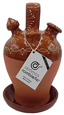 CERÁMICA RAMBLEÑA | Pichet en Argile Traditionnel avec Bordure Rouge de La Rambla (Córdoba) | 100% Fait à la Main | 3.5 litres | Écologique | Assiette Incluse