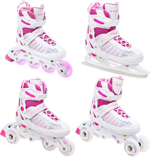 RAVEN 4in1 Inline Skates Pattini in linea Triskates Pattini a rotelle/da ghiaccio per bambini ragazze regolabili (Grace, 28-32 (18,5cm-21cm))