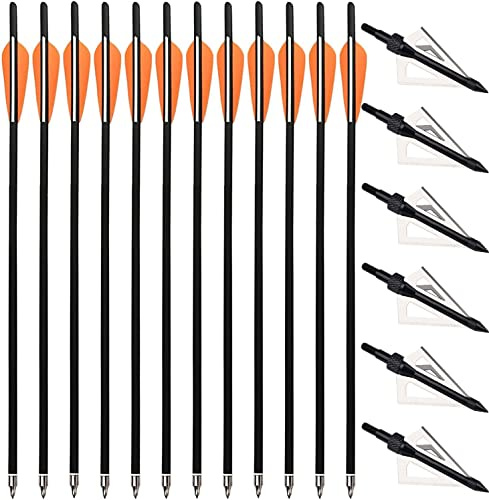 PMSM 12 Stück 20 Zoll Armbrustbolzen Carbon Armbrustpfeile und 6 Stück Armbrust Jagdspitzen kit,Armbrust Jagdpfeil mit 4 Flügel und ersetzte Pfeilspitzen (20 Zoll Orange und Schwarz)