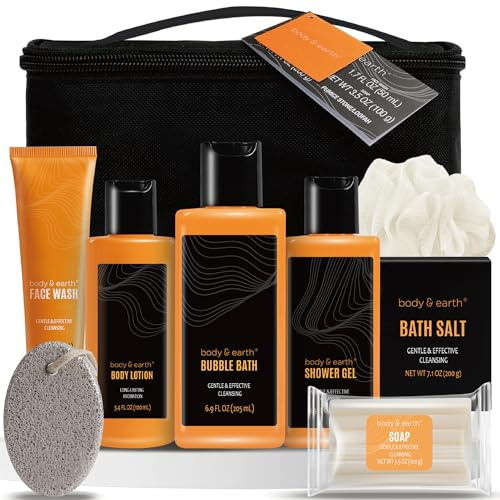 Bath and Body Gift Baskets for Men Body & Earth 9Pcs Fresh Citrus Mens Bath Set with Body Lotion, Face Wash, Shower Gel, Bubble Bath, Loofah Gift Set for Men Fathers Day Valentine Gifts Christmas