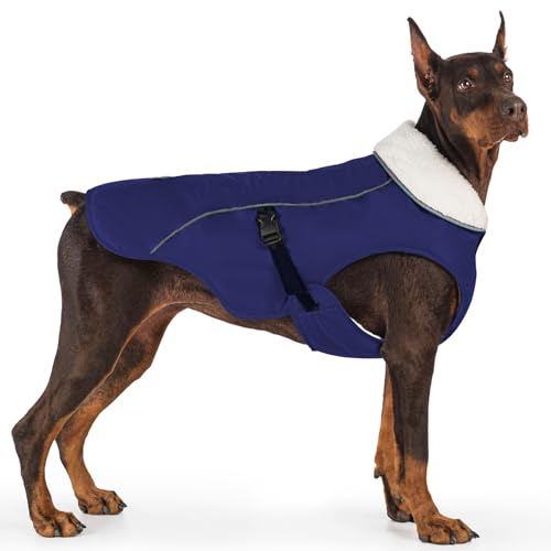 EMUST Kälteschutzmantel für Hunde, mit Fleecefutter, für kleine/mittlere Größen, wasserabweisende, warme Hunde-Winterjacke für große Hunde, Blau, XL