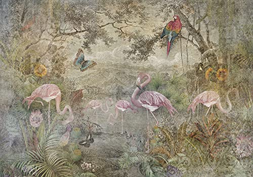 decomonkey Fototapete Tiere 350x256 cm Tapete Fototapeten Vlies Tapeten Vliestapete Wandtapete moderne Wand Wandbild Schlafzimmer Wohnzimmer Flamingo Papagei Pflanzen Urwald Blumen Bäume Vintage