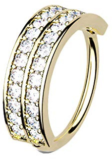 Tata Gisèle Piercing Anneau Nez Oreille - Créole Pliable avec Double Anneau Incrusté de Zircons Clairs - (Or Doré/Clair, 8)