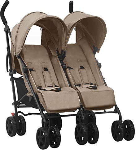 vidaXL Geschwisterwagen mit 12 Rädern Korb Traggürtel Zusammenklappbar Verstellbar Kinderwagen Zwillingswagen Zwillingsbuggy Buggy Taupe Stahl