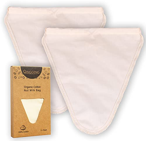 QINGGENG Premium Organic Cotton Nut Milk Strainer Bag, 2 Pack Reusable, 28 x 30 cm Cheesecloth Bag for Almond Milk, Oat Milk, Juice, Yoghurt