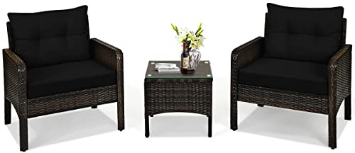 HAPPYGRILL 3 Pieces Patio Conversation Set Outdoor Rattan Wicker Furniture Set with Coffee Table & Chairs Patio Bistro with Seat Cushions for Garden Balcony Backyard Poolside