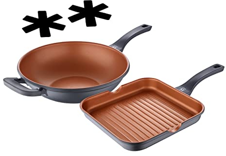 SAN IGNACIO Bronze | Küchenset | Set mit Wok und Grillpfanne von 32 und 28 cm Durchmesser und 2 Schutzhüllen | Aus Aluminiumguss | Antihaftbeschichtete Bratpfannen | Für Alle Herdarten