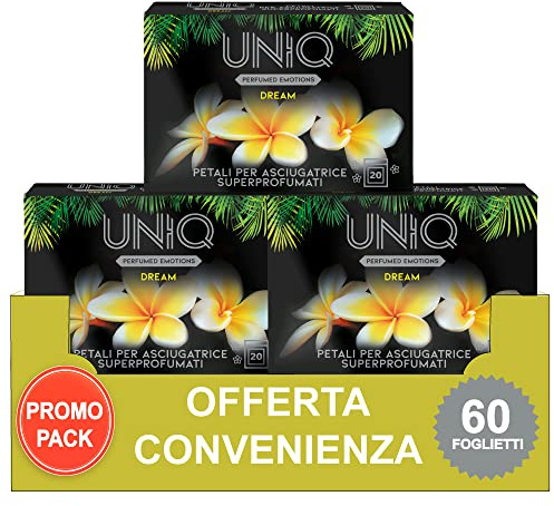 UNIQ Perfumed emotions - Feuilles pour sécheuse super parfumées - Lessive douce et facile à repasser - Dream - 60 feuilles séchoir adoucissant - Offre commodité, 3 x 20 feuilles