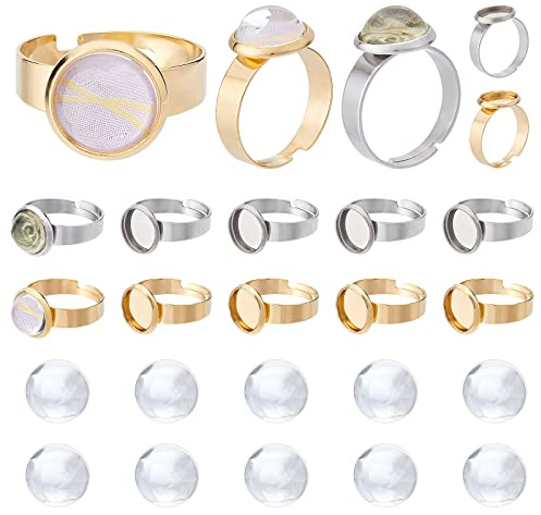 SUNNYCLUE 1 Box 40Pcs DIY 20 Sets Verstellbare Edelstahl Ringbasis Klarglas Cabochon Fassungen Für Die Schmuckherstellung Fingerringe Rohlinge Komponenten Ringherstellung Kit Erwachsene Bastelbedarf G