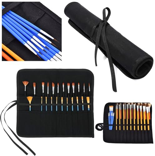 Manwetye 30-Slot Paint Brush Roll Up Case - Premium Canvas Paintbrush Holder for Acrylic, Oil, Watercolor Brushes | Artist & Student Storage Pouch | Durable Paint Brush Bag with Secure Clasp (Black)