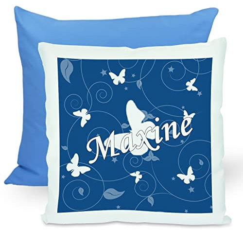 CreaDesign, Kinder Kissen 40x40 cm personalisiert mit Namen, Kinderzimmer Deko Kissen Kinder mit Füllung Federn, Motiv Schmetterling blau, Rückenfarbe Blau