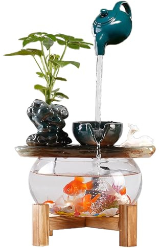 Small Indoor Water Fountains Tabletop Feng Shui Fish Tank with Fountain, Relaxing Zen Small Waterfall Fountain Indoor Tabletop Fountain for Home Office with 1 Spare Water Pump