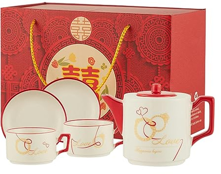 INS Style Couple Fleur Service à thé Plaqué or Tasse à café Théière en céramique Coffret cadeau de mariage pour bureau maison Rouge minimaliste