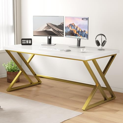 LVB Moderner Computertisch Industrieller Heimbüro-Schreibtisch mit Stauraum, Metall-Holz, Schreibtisch Arbeitszimmer Computertisch für Schlafzimmer einfacher Gaming-Schreibtisch Weiß Gold