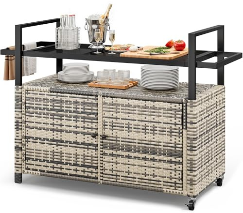 YITAHOME XL Outdoor Storage Cabinet, Outdoor Storage Cart with Wheels and Black Glass Table Top for Patio, Outdoor Cabinet for Poolside and Backyard (Gray Gradient)