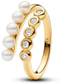 Pandora Timeless Ring, offen, 14-karätig vergoldet, mit weißer, behandelter Süßwasserzuchtperle und klarem Cubic Zirkonia