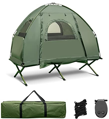 HOMASIS Campingzelt mit Feldbett, Campingbett mit Sonnendach, Kuppelzelt mit Luftmatratze & Schlafsack, Zelt mit Tragtasche für eine Person, Metallrahmen, Grün (194 x 87 x 167 cm)