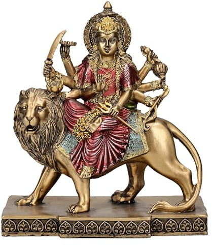 Durga Figur reitet auf Löwe 15 cm, Buddha Deko Hindu Gott