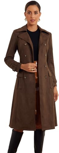 Allegra K Trench in Finta Donna con Cintura Doppio Petto con Risvolto Dentellato Pelle Scamosciata per Cappotti a Maniche Lunghe Caffè scuro M