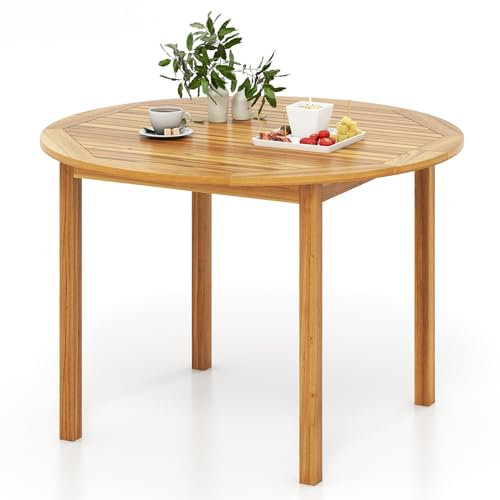 GOPLUS Table à Manger en Bois d'Acacia, Table Exterieur pour 4 Personnes, Table Ronde 110CM Classique Intérieure pour Jardin Balcon,Salle à Manger, Charge 75KG