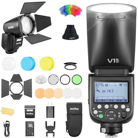 Godox V1PRO-S V1Pro S Tête Ronde Flash d'Appareil Photo Flash d'Appareil avec AK-R1 TTL Speedlite 2.4G sans Fil TTL Speedlight Strobe,76Ws HSS 1/8000s avec Batterie Li-ION pour Appareils Sony Camera