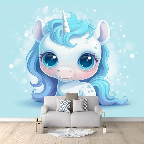 Fototapete 3D Panorama Wandbild Cartoon-Einhorn Hellblau 200x140 cm Art Fototapete Wandtapete Wohnzimmer Kinderzimmer Wanddeko Vlies Tapeten Poster TV Hintergrund Wandbilder