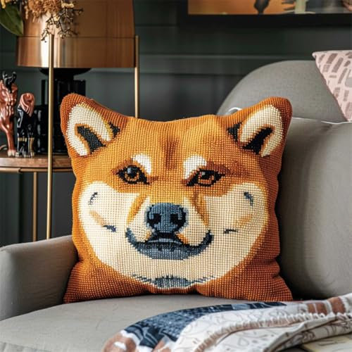 RKFLGEW DIY knüpfen set kissen Shiba Inu Tier knüpfhaken set Süßer Hund DIY Knüpfkissen-Set，Anfänger，Erwachsene，Teenager，Geschenk，Stickerei，Heimdekoration，Knüpfhaken-Set 43x43cm