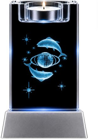 Kaltner Präsente Stimmungslicht - EIN ganz besonderes Geschenk: LED Kerze/Kristall Glasblock / 3D-Laser-Gravur Teelichthalter Astrologie Sternzeichen Fische/Astrologie