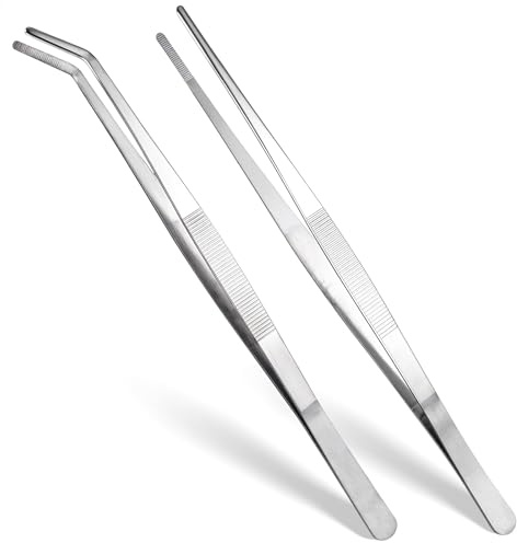 GEEHUA 2 pinzas curvas, pinzas rectas de acero inoxidable con punta plana y filo ondulado curvado, pinzas anguladas para electrónica, laboratorio, animales acuáticos (30 cm)