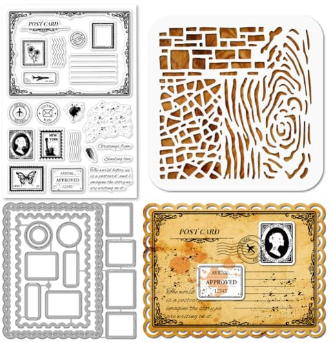 GLOBLELAND Vintage Postkarten Stamps Stanzschablone für die Kartenherstellung Silikonstempel Stanzschablone Texturierte Hintergründe PET Malschablonen Für DIY Scrapbooking