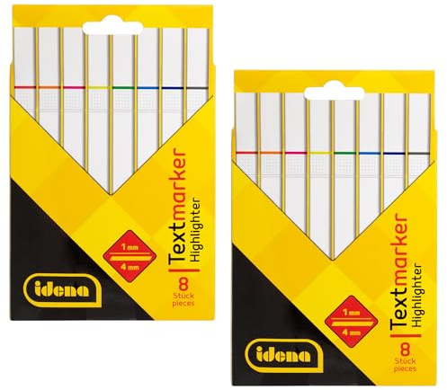 Idena 90264 - Textmarker, 2 Packungen mit je 8 Stück in leuchtenden Farben, Keilspitze mit Strichstärke 1-4 mm