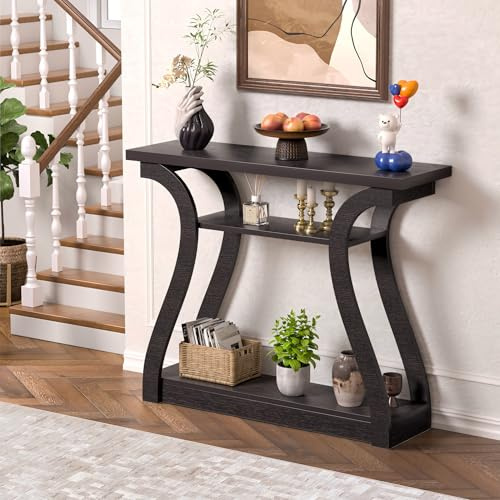 UODERS 120cm Holz-Konsolentisch mit gebogenen Beinen und Regal, 3-stufiger moderner Akzent-Sofatisch für Eingang, Wohnzimmer, Flur, 47 in breit, einfache Montage (Cappuccino/Dunkelbraun)