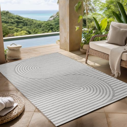 Carpettex Outdoor Teppich wetterfest Grau 140x200 cm, UV-beständig, ideal für Küche, Balkon, Terrasse, Garten auch Wohnzimmer und Esszimmer, Skandinavisches Boho-Design
