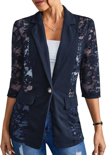 Womens Lace Blazer Open Front Sheer Mesh 3/4 Sleeve Casual Blazer Jacket | Lace Fabric, Sheer Mesh, Open Front, 3/4 Sleeve, Casual Blazer, Elegant Work Office Jacket,Lightweight Outerwear