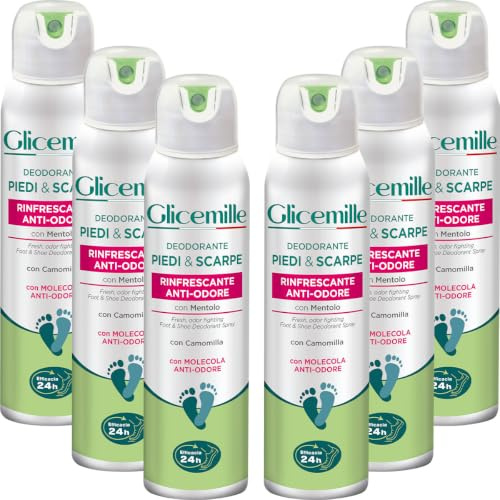 GLICEMILLE | Deodorante Piedi&Scarpe, Rinfrescante e Anti-Odore, 6x150ml | Con Mentolo e Camomilla, Efficacia 24h