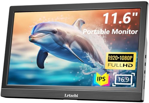 Lrtzcbi Targbarer Monitor 11,6 Zoll, FHD 1920x1080P LED Bildschirm External Display mit Dual USB C/HDMI, USB C Monitor für Laptop PC Phone Mac PS4/5 Xbox, Eingebaute Lautsprecher/Stand