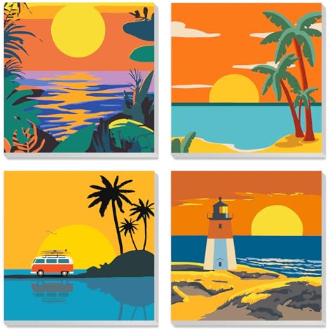 MXJSUA Lever Du Soleil En Mer Lot De 4 Kits De Peinture Par Numéros Avec Cadre pour Enfants et Adultes, Peintures À L’Huile Acryliques pour Enfants Débutants four Décoration Maison 20x20cm