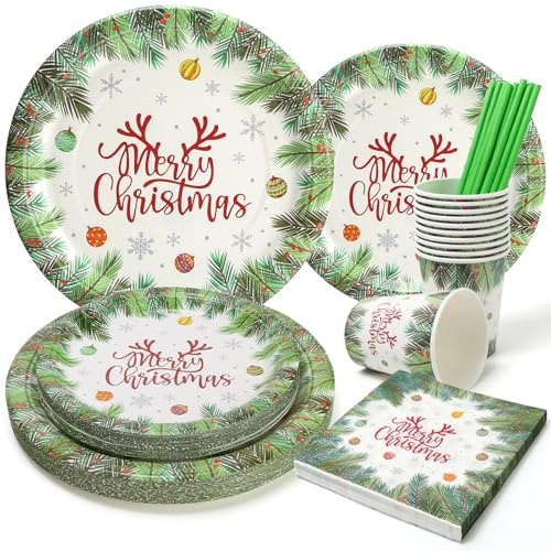 PARTY GO 125 Pezzi Piatti Natalizi Usa e Getta, Piatti Carta e Bicchieri Tovaglioli Natalizi Motivo Rami di Pino Verde Stoviglie Monouso per Feste Servizio da 25 Persone