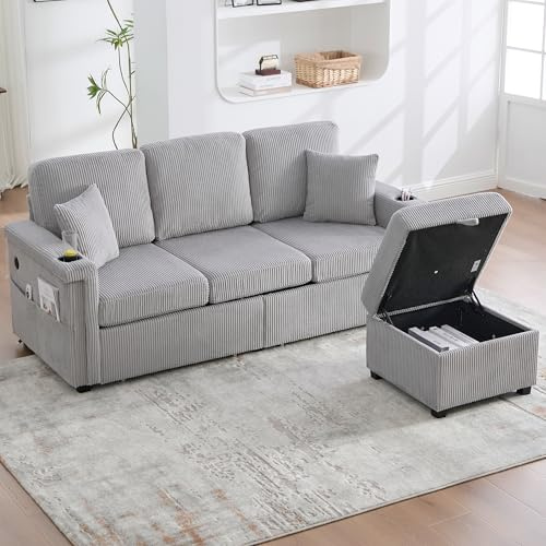 Merax 3-Sitzer Ecksofa L-Form mit Polsterhocker (inkl. Stauraum) und 2 Schubladen – Samtstoff-Couch mit bequemen Armlehnen, LED-Beleuchtung, USB-C-Port, Getränkehalter und Seitentaschen, Hellgrau