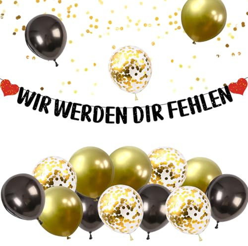 WWISTOA Wir Werden Dir Fehlen，Ruhestand Deko Girlande Banner und Luftballons，Abschiedsparty deko Ballon Schwarz Gold,Dekoration zum Abschied und Ruhestand Set für Kollegen Mann und Frau