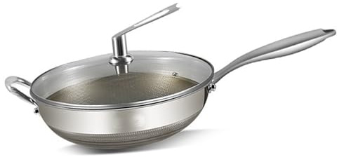 TREWQ 2025 Nuova Padella in Titanio Martellata con Coperchio, Padella Wok Antiaderente, Padelle in Titanio per Cucinare - Padella Nutri in Titanio Antiaderente Durevole e Resistente ai Graffi 34cm