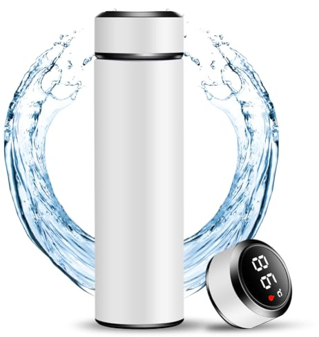 Thermosflasche 500ml, Isolierbecher mit Vakuumisolierung & LED-Touchscreen-Temperaturanzeige, Vakuum Isolierbecher 304 Edelstahl Smart Mug Trinkflasche Ideal für Büro, Reise, Sport (Weiß)