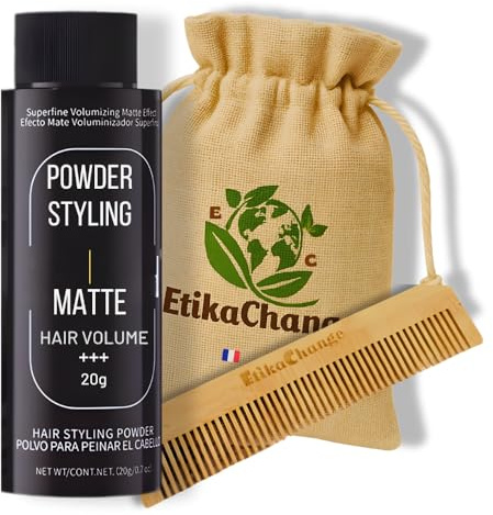 EtikaChange Pack Coiffure Volume Cheveux – Poudre Coiffante Homme et Femme effet mat Grand Format 20g, Poudre Texturisante Cheveux, Peigne Bambou et Sac Lin Naturel – Produits coiffants Quotidien