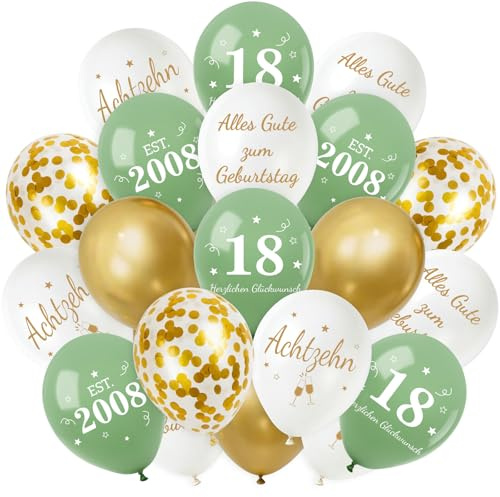Smlper 30 Stück Luftballons Deko 18. Geburtstag,18er Deko Junge Mädchen,Luftballons Salbeigrüne Gold, Happy Birthday Latex Ballons,Alles Gute zum Geburtstag Geburtstagsdeko, Konfetti Ballon Party