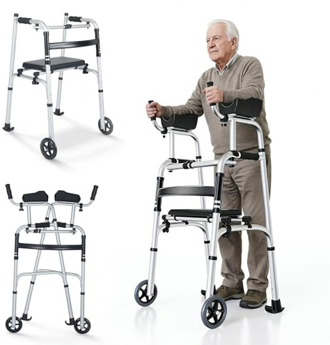 Déambulateur pliable avec siège en polyuréthane amovible, réglage de la hauteur sur 8 niveaux et longueur d'accoudoir à 3 niveaux, double roues tout-terrain, grande capacité de charge, cadre en