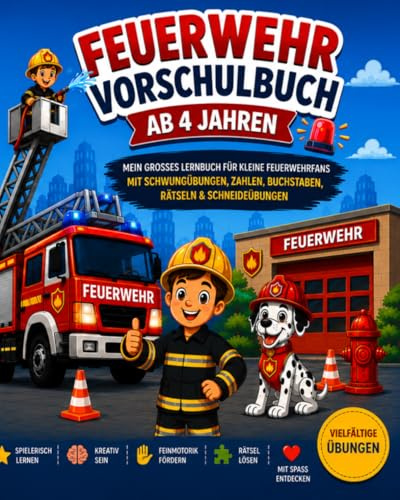 Mit Max bei der Feuerwehr – Mein großes Vorschul-Lernbuch: Zahlen 1–10, Alphabet A–Z, Schreiben, Malen, Rätsel & Schneideübungen | Für Kinder ab 4 Jahren | Schwarz-Weiß