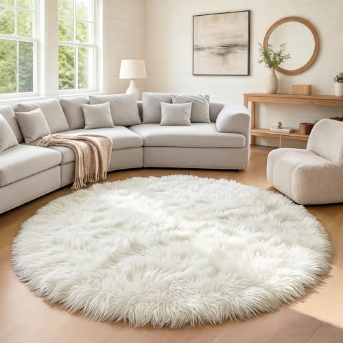 Homcomodar Hochflor Teppich Rund 180 cm Beige Weiß Wohnzimmer Schlafzimme Teppich Flauschig rutschfest teppiche kinderzimmer Flauschig Teppiche