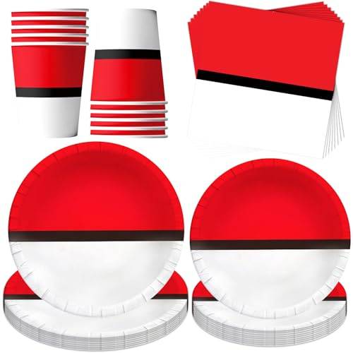 50 Stück Partygeschirr Set,Rot Weiß Pappteller Pappbecher Servietten | Partygeschirr aus Papier,Geburtstag Party Geschirr Set,Geburtstag Geschirr für 10 Gäste