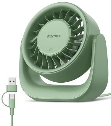 Warmco USB Desk Fan, 3-Speed Touch Control, 2-in-1 USB-A & USB-C Powered (No Battery), 120° Tilt Adjustable, Removable Cover, Compact Table Fan for Home Office Dorm Green